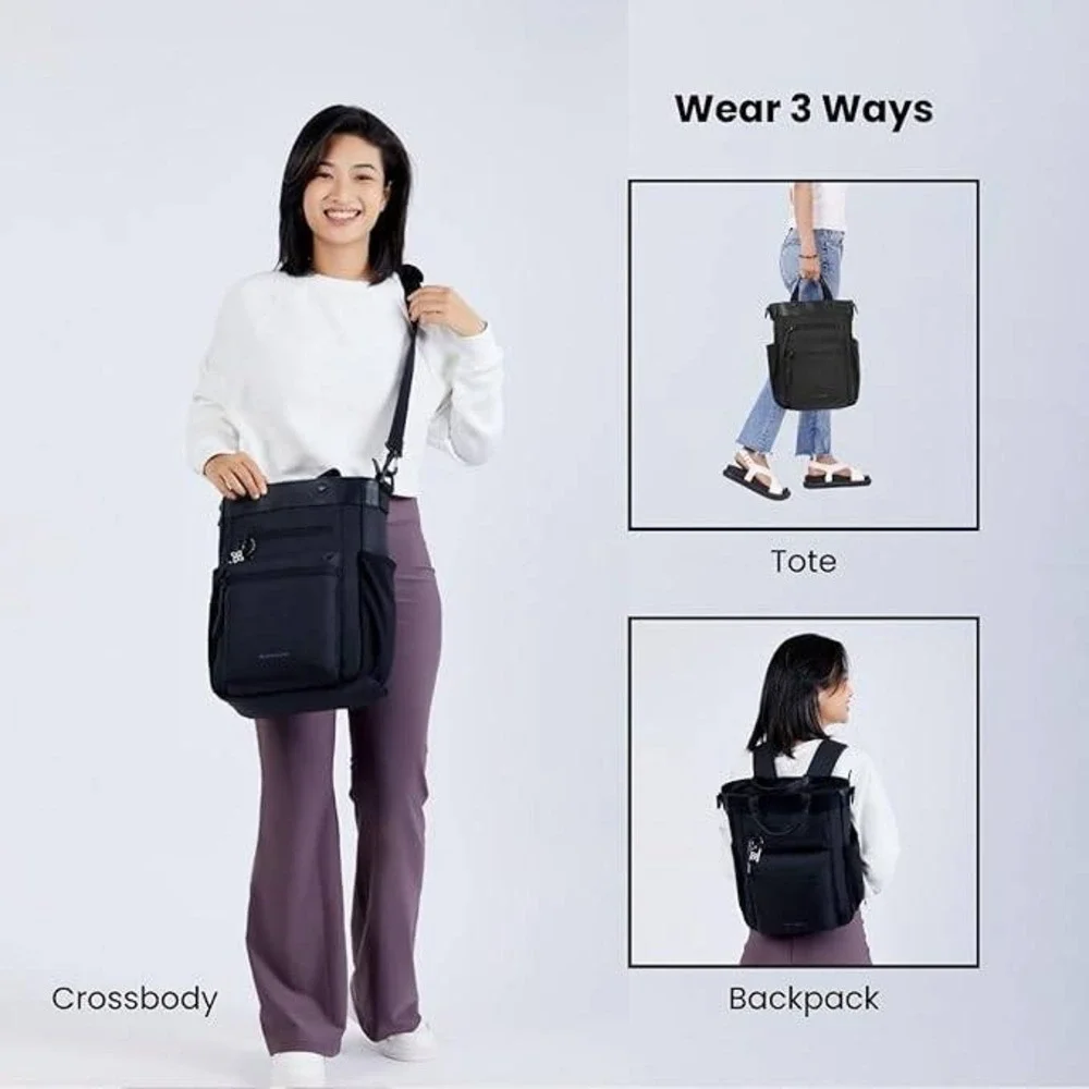 Sherpani Tote Backpack Convertible Black Nylon Leather Trim Versatile - Picture 7 of 14